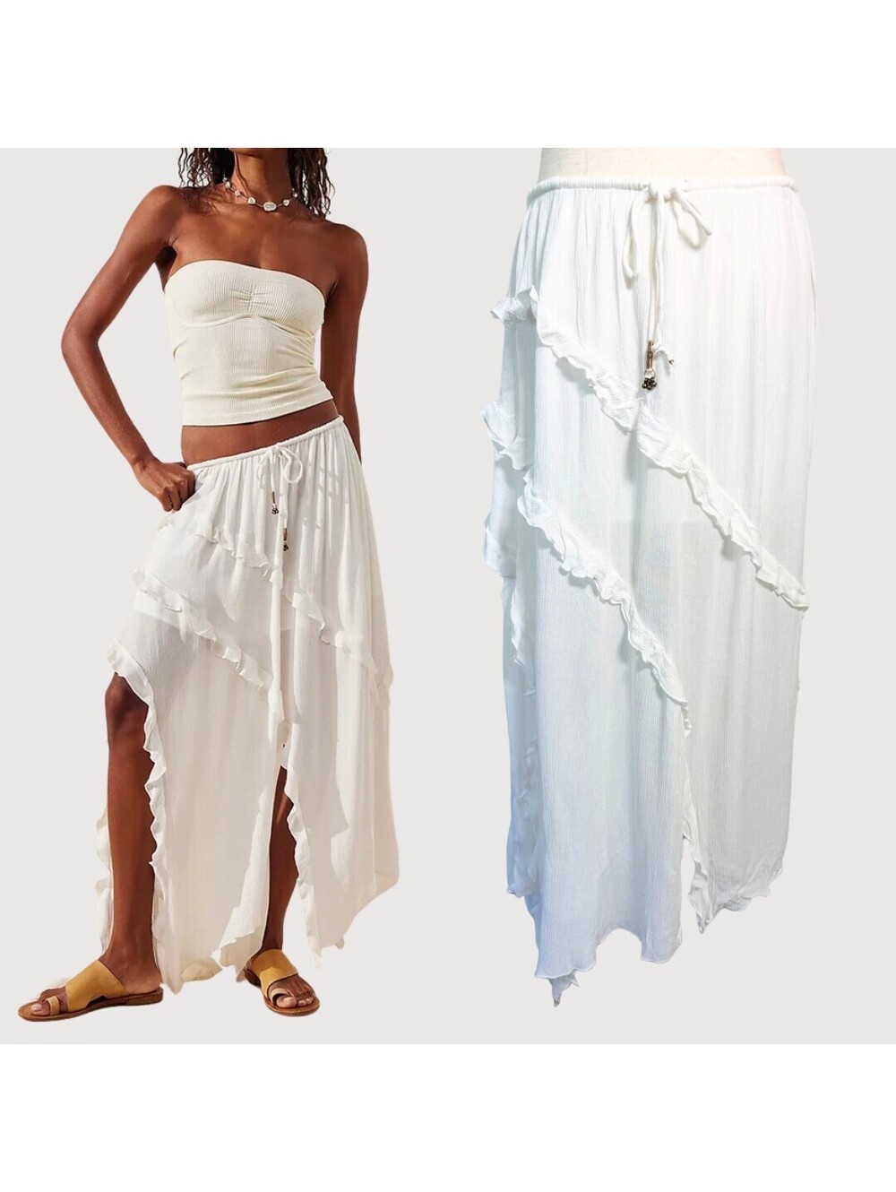 Free People Ambie White Ruffle Asymmetrical Maxi Skirt S